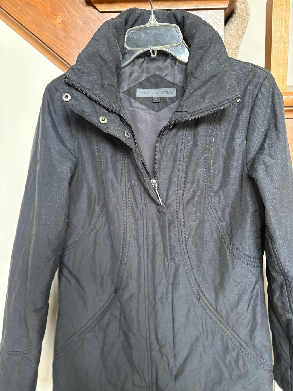 Via Spiga Black Tailored Zip-Front quilted Trench Coat